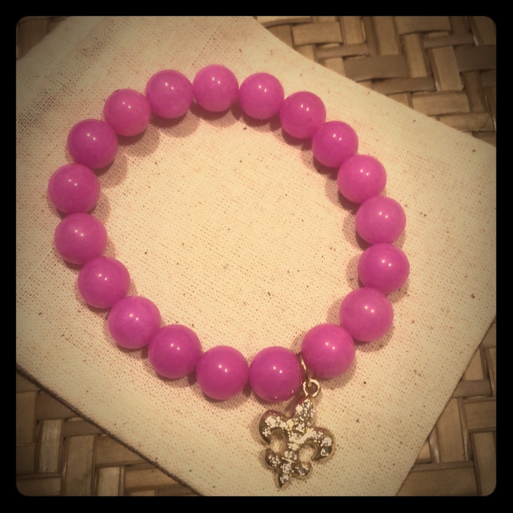 Bright Pink Beaded Bracelet w/ Fleur de Lis Charm